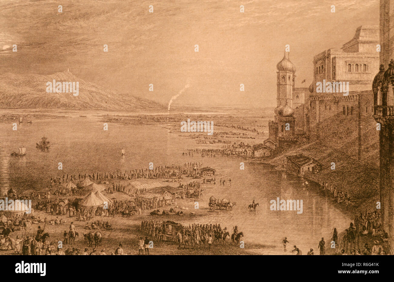 Fiume Gange, Hardwar, Haridwar, Mayapur, Uttaranchal, Uttarakhand, India, Asia, vecchia litografia del 1800 Foto Stock