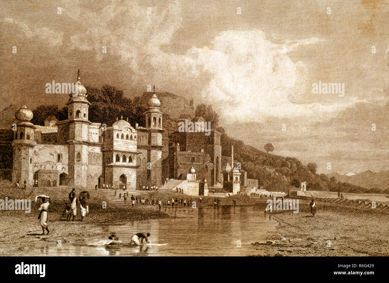 Fiume Gange, Hardwar, Haridwar, Mayapur, Uttaranchal, Uttarakhand, India, Asia, vecchia litografia del 1800 Foto Stock