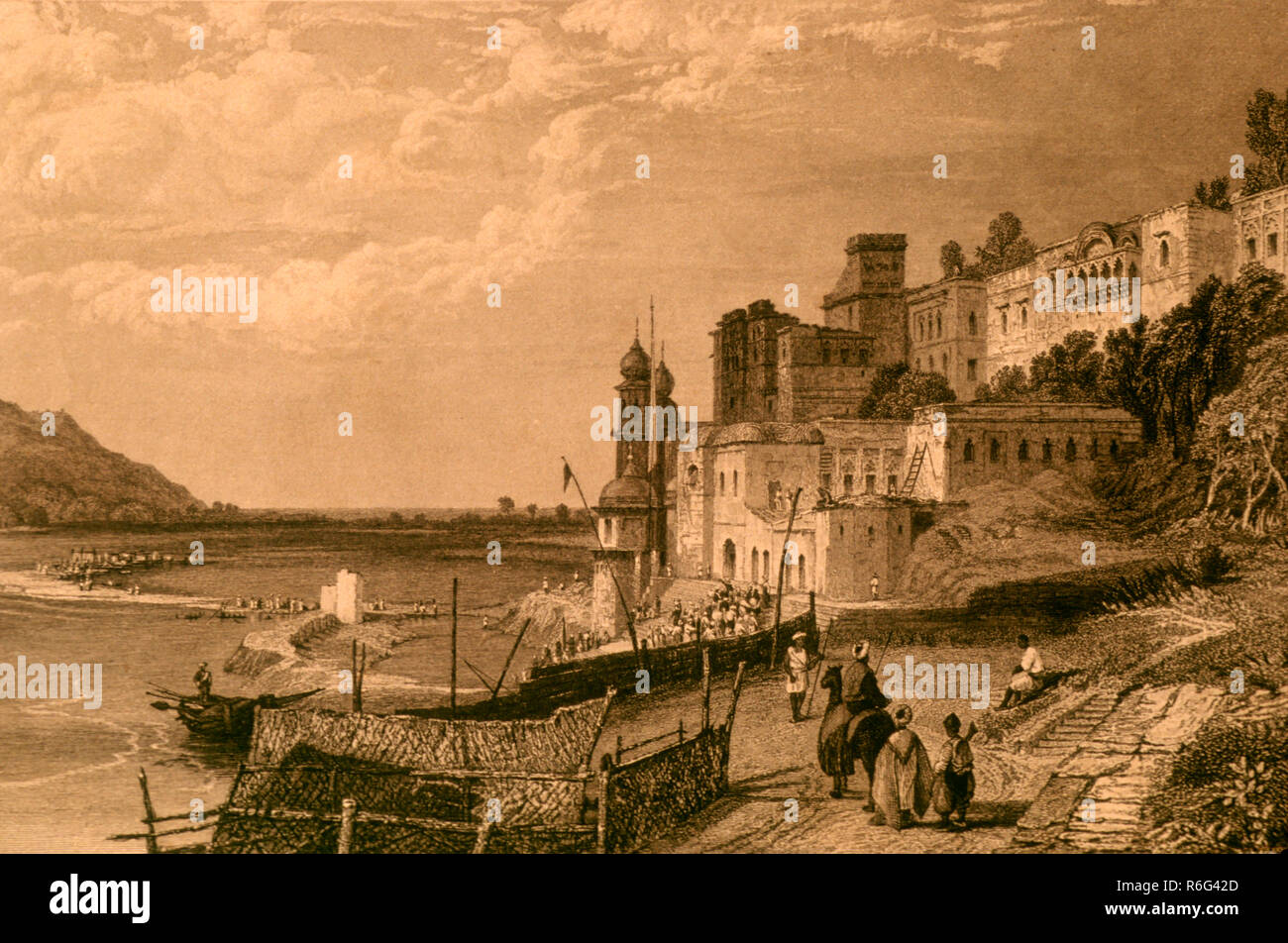 Fiume Gange, Hardwar, Haridwar, Mayapur, Uttaranchal, Uttarakhand, India, Asia, vecchia litografia del 1800 Foto Stock