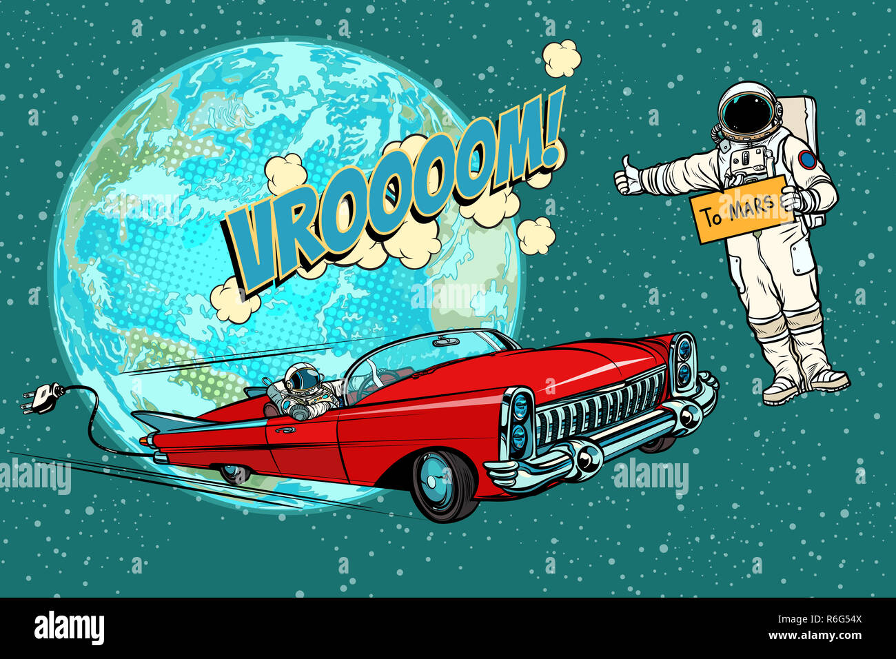 Autostop astronauta attesa per l'auto elettrica nello spazio. fli Foto Stock