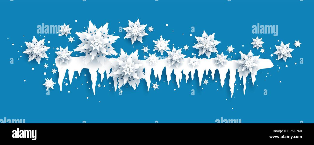 Vacanze inverno realistico carta tagliata di fiocchi di neve e ghiaccioli. Neve decorazione di Natale per il design banner, biglietto invito, saluti, depliant e così via. Simbolo della natura banner. Illustrazione Vettoriale