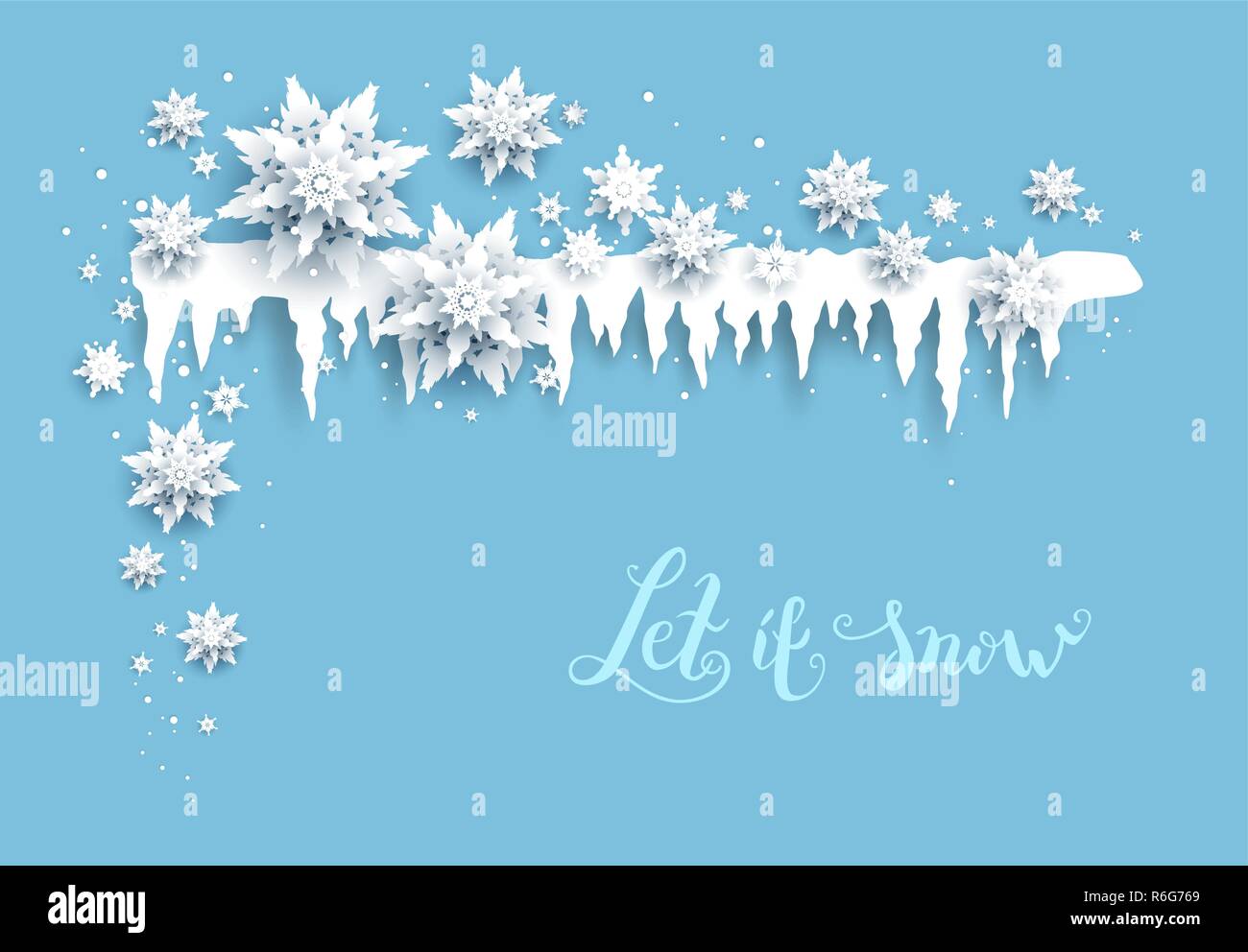 Vacanze inverno realistico carta tagliata di fiocchi di neve e ghiaccioli. Neve decorazione di Natale per il design banner, biglietto invito, saluti, depliant e così via. Simbolo della natura banner. Illustrazione Vettoriale