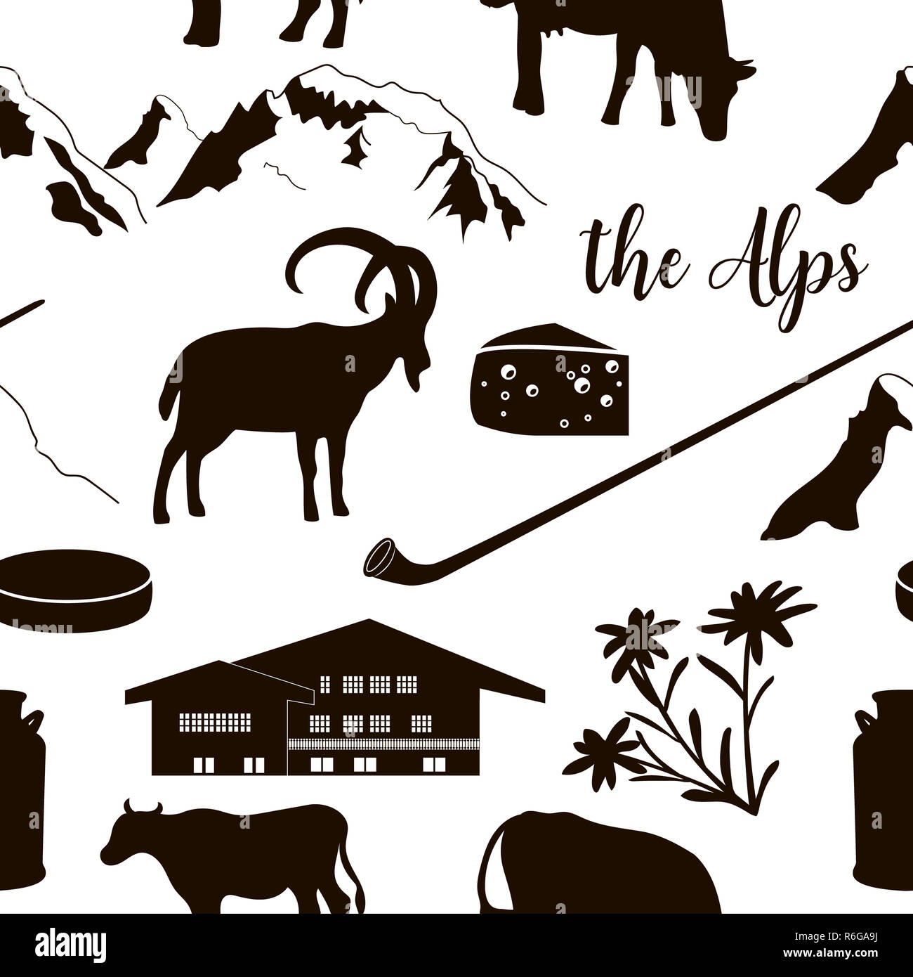 Le Alpi senza cuciture piatte di pattern icone. Monte Cervino, Alpine Ibex, chalet edelweiss, alpenhorn. Foto Stock