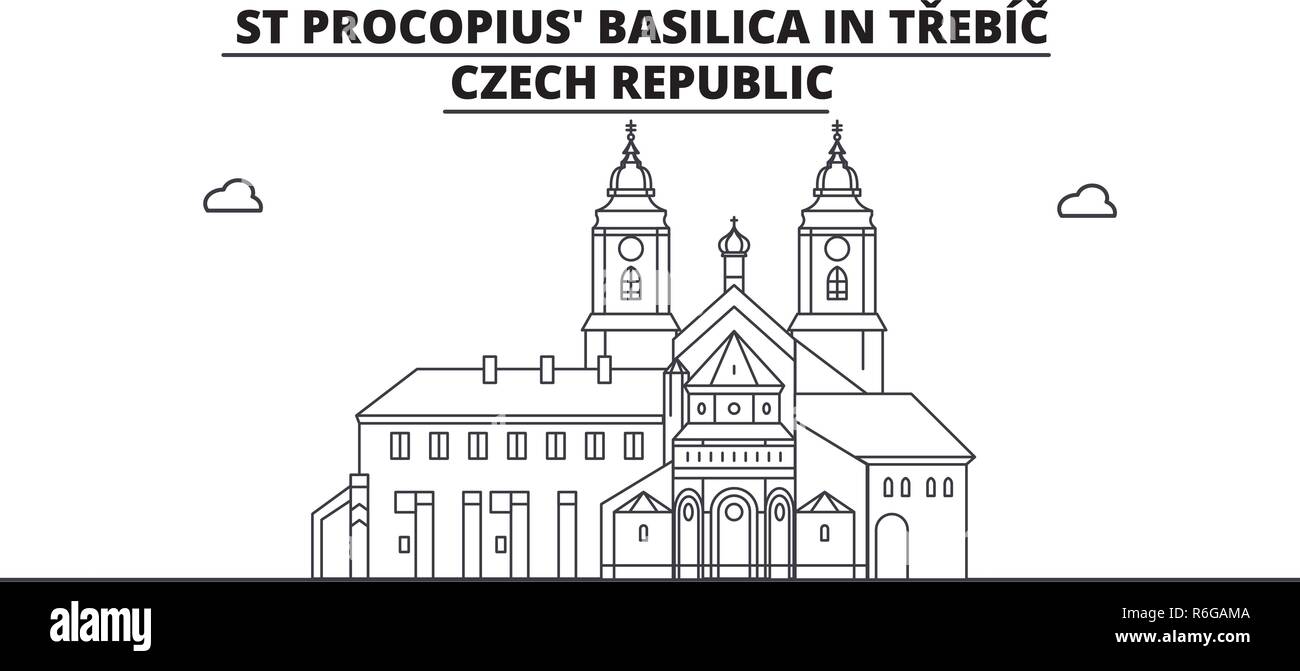 Benvenuti in Repubblica ceca - Trebic, la Basilica di San Procopio travel famoso segno distintivo skyline, panorama, il vettore. Benvenuti in Repubblica ceca - Trebic, la Basilica di San Procopio illustrazione lineare Illustrazione Vettoriale