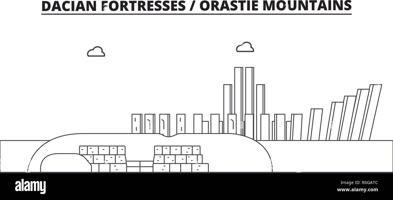 Romania - Daci fortezze, Montagne Orastie travel famoso segno distintivo skyline, panorama, il vettore. Romania - Daci fortezze, Montagne Orastie illustrazione lineare Illustrazione Vettoriale