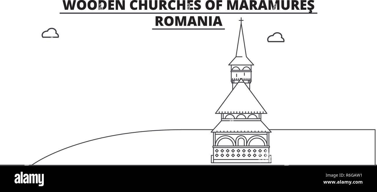 Romania - Maramures, chiese di legno travel famoso segno distintivo skyline, panorama, il vettore. Romania - Maramures, chiese di legno illustrazione lineare Illustrazione Vettoriale