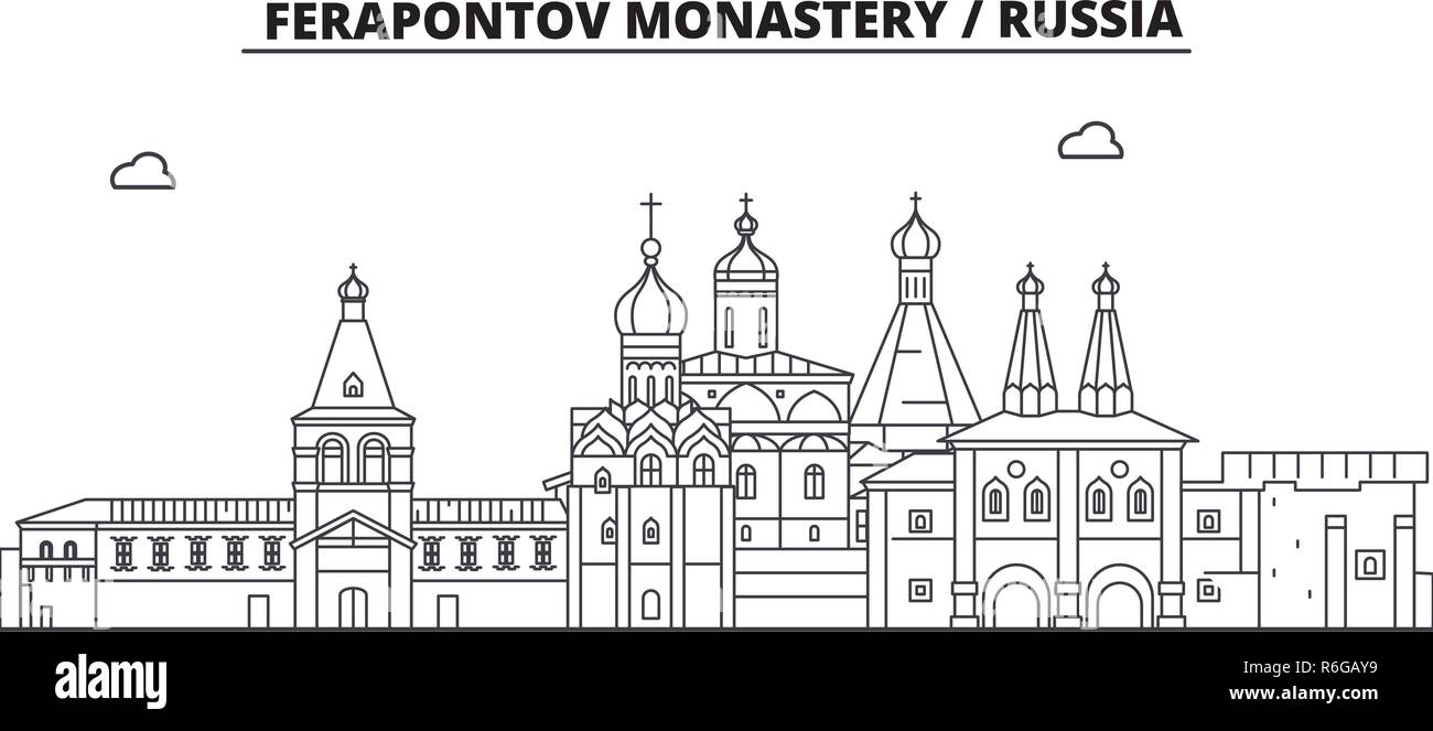 Russia - Vologda, Monastero di Ferapontov travel famoso segno distintivo skyline, panorama, il vettore. Russia - Vologda, Monastero di Ferapontov illustrazione lineare Illustrazione Vettoriale