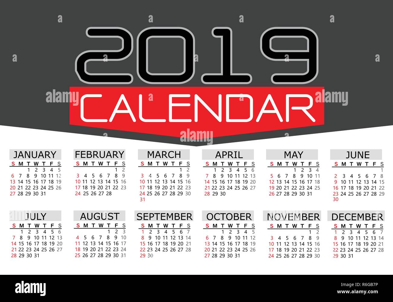 Calendario 2019 Rosso nero numero di testo grigio su sfondo bianco illustrazione vettoriale. Illustrazione Vettoriale