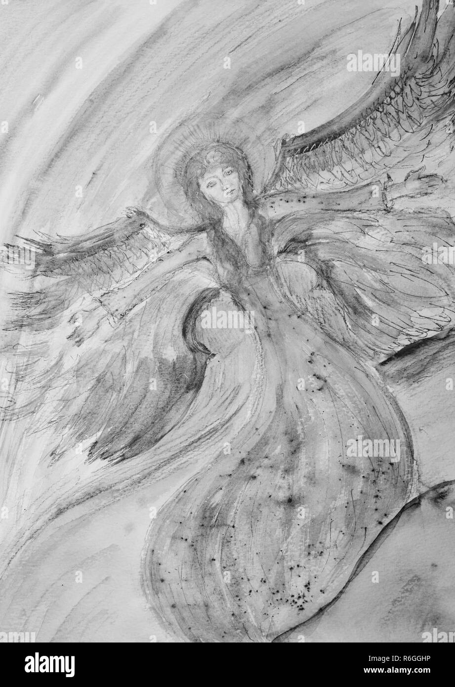 Disegno di un volo angelo femminile. La tecnica di levigatura in prossimità dei bordi permette una messa a fuoco morbida effetto dovuto alla superficie modificata la ruvidezza della carta. Foto Stock