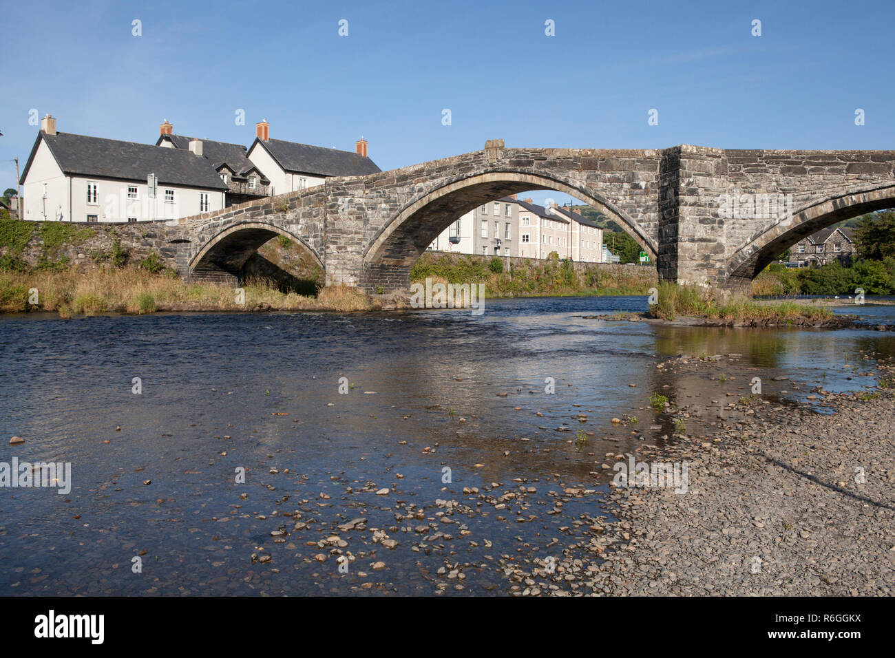 Pont Fawr ponte sopra il fiume Conwy a Llanrwst in Galles del Nord, Regno Unito Foto Stock