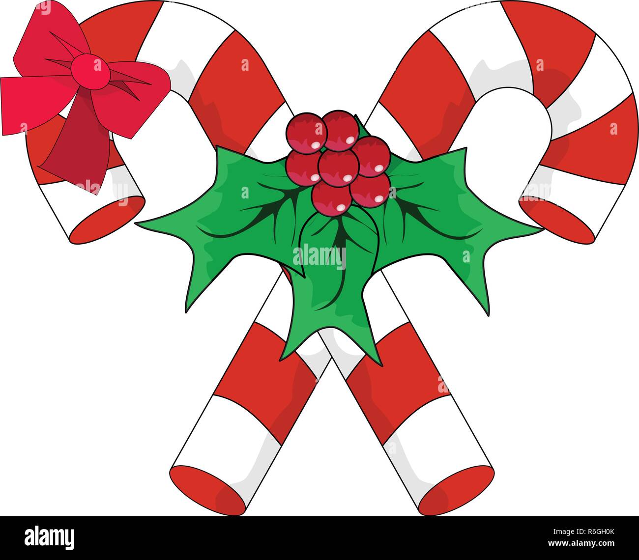 Natale Candy Cane con fiocco rosso e Holly bacche. Silhouette icona simbolo di Design. Vector Candy Cane illustrazione isolati su sfondo bianco Illustrazione Vettoriale