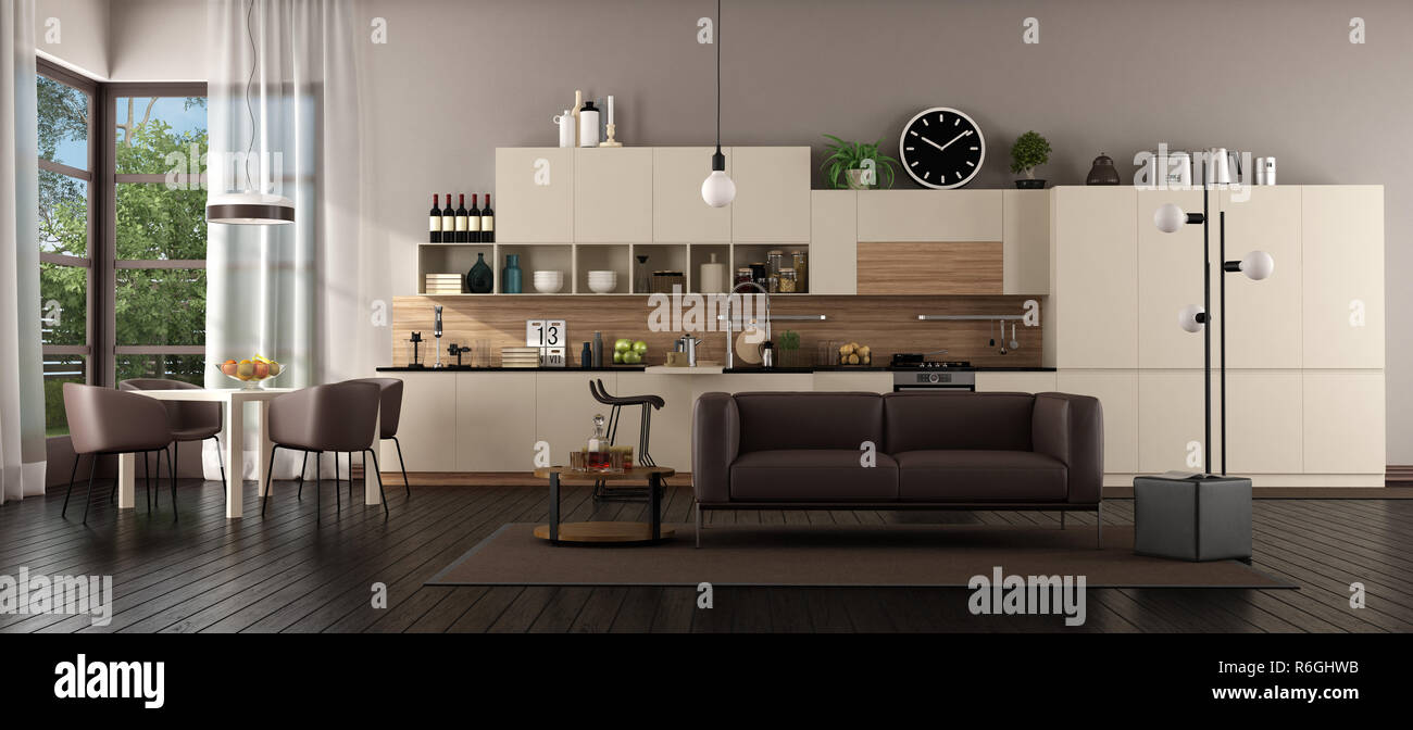 Ampio soggiorno con angolo cottura, tavolo da pranzo e divano - 3d rendering Foto Stock