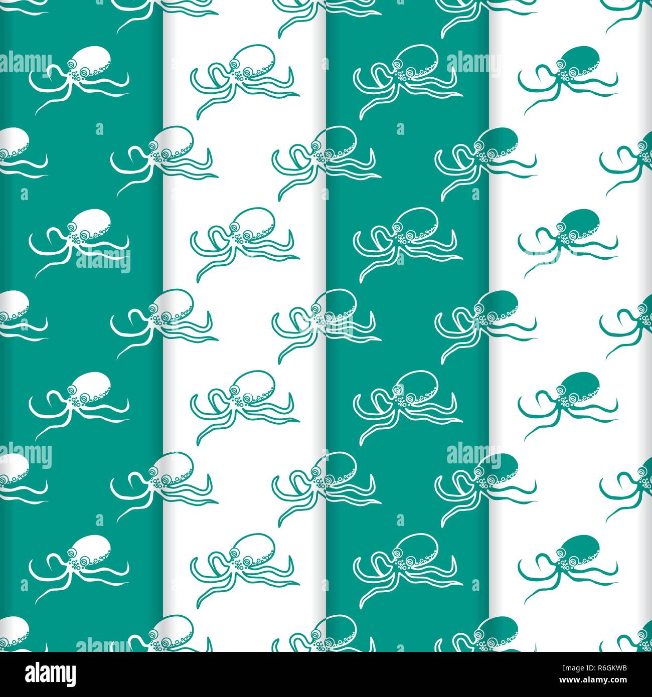Set di 4 vector seamless pattern con polipi. Abitanti del mare. Animali sotto l'acqua. Design per imballaggio, tessuto, sfondo marino, stampa. Illustrazione Vettoriale