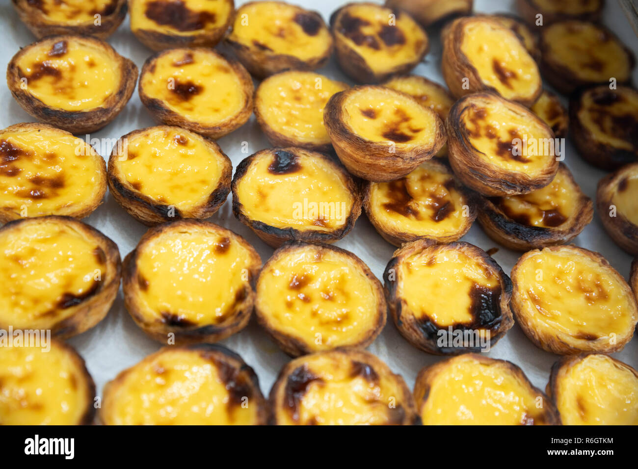 Pastel de nata portoghese crostata di uovo sfoglia visualizzato nella finestra da forno Foto Stock