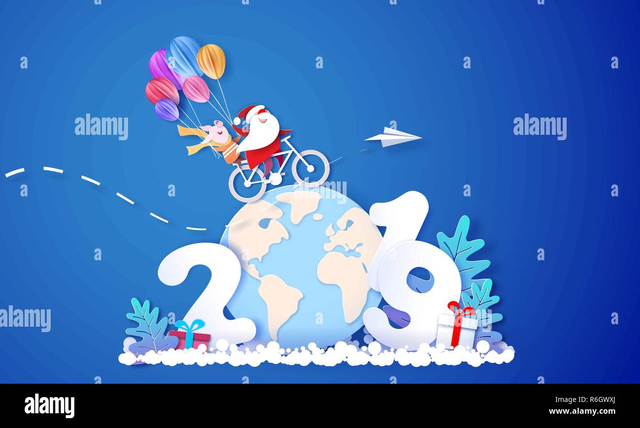 2019 Anno Nuovo design della scheda. Santa Claus e divertente per i suini in sella a una moto su pianeta terra su sfondo blu. Vettore di taglio della carta tecnica illustrazione per la promozione dei banners, intestazioni, poster, adesivi Illustrazione Vettoriale