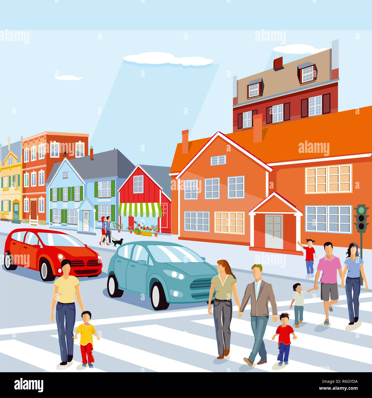 Città con attraversamento pedonale e automobili, illustrazione Foto Stock