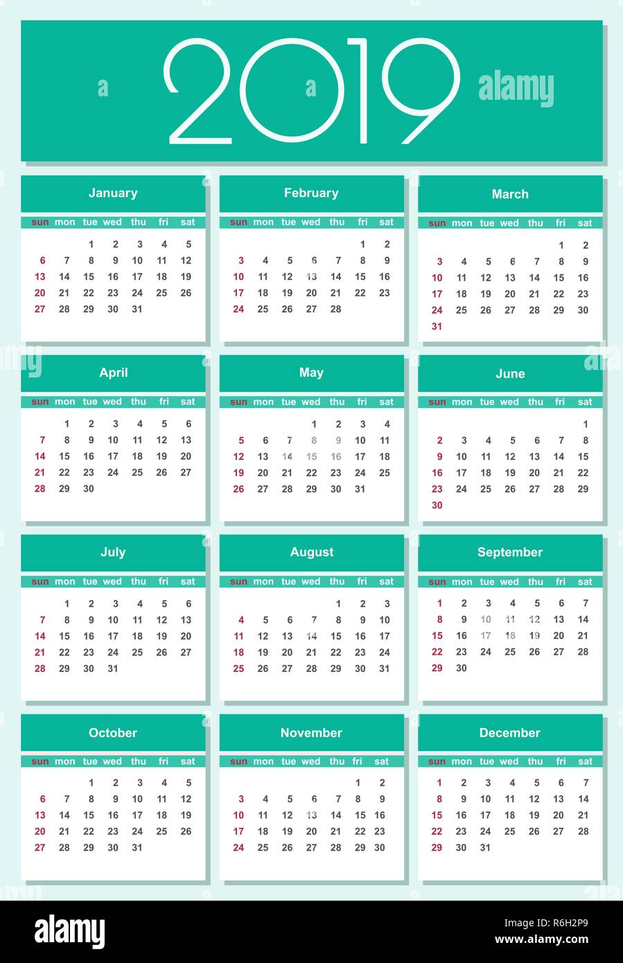 Calendario per il 2019 sfondo verde. Semplice template vettoriale. Illustrazione isolato. Illustrazione Vettoriale