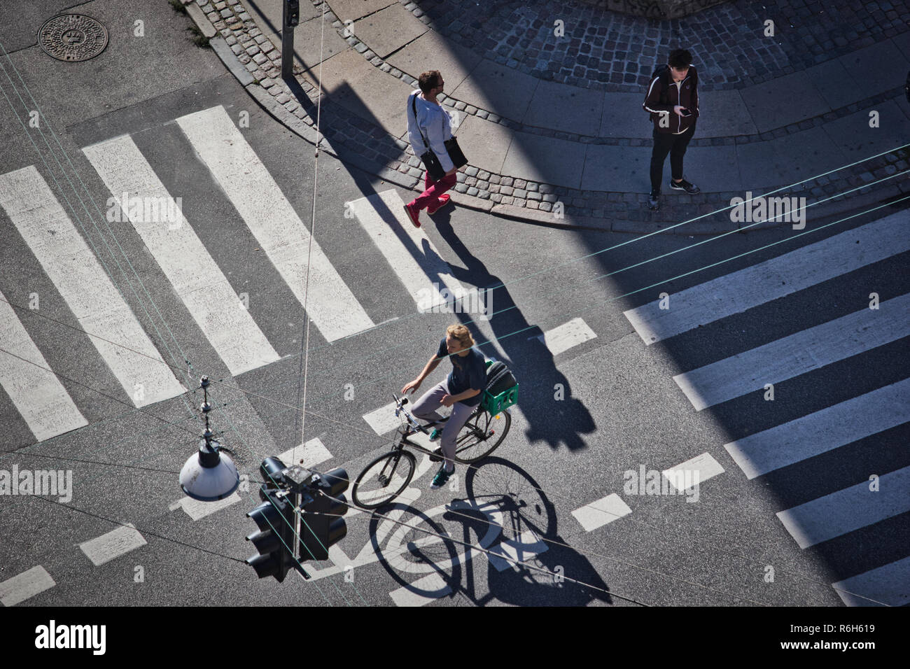 Ciclista in pista ciclabile attraversamento di giunzione con 2 attraversamenti pedonali, Christianshavn, Copenhagen, Danimarca e Scandinavia Foto Stock
