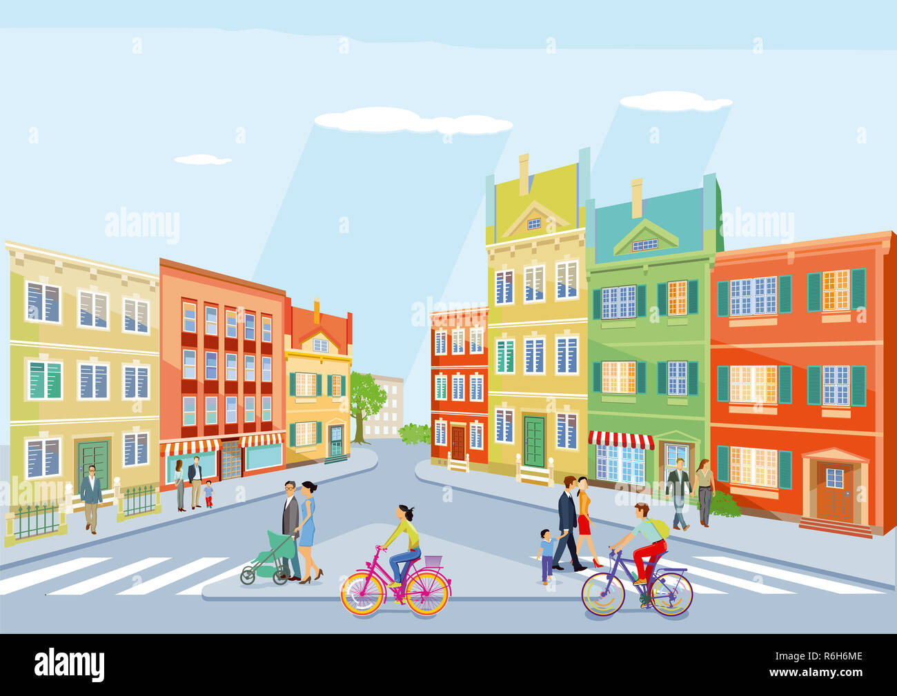 Piccola città con pedoni e ciclismo, illustrazione Foto Stock