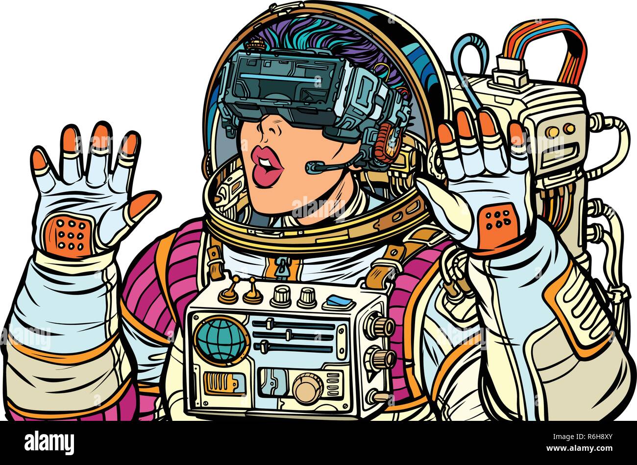 Sorpreso donna astronauta in realtà virtuale occhiali. Isolare su sfondo bianco. La Pop art retrò illustrazione vettoriale. Ragazze 80s Illustrazione Vettoriale