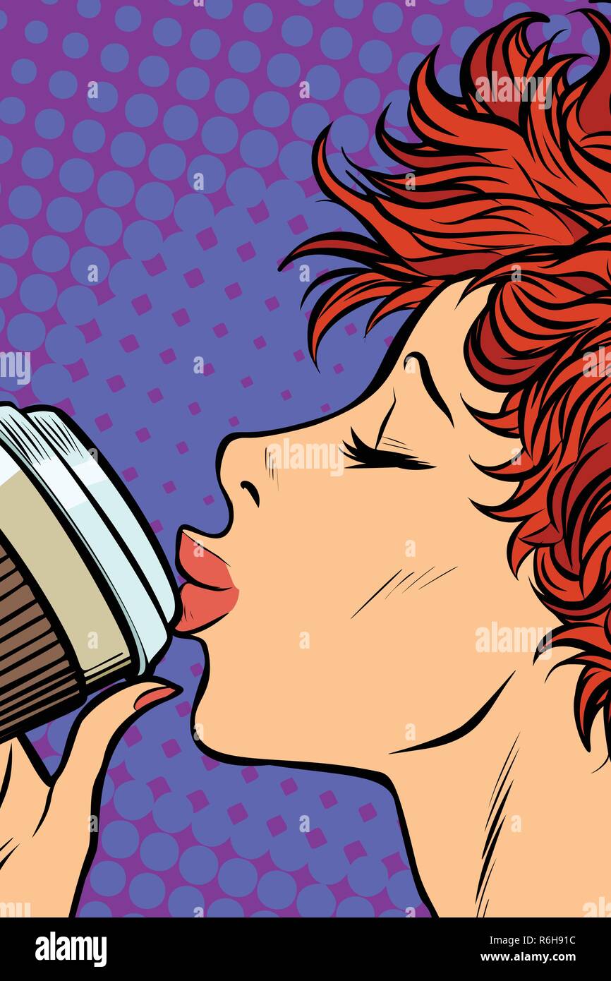 Donna Moderna beve un bicchiere di carta di caffè. La Pop art retrò illustrazione vettoriale. Ragazze 80s Illustrazione Vettoriale