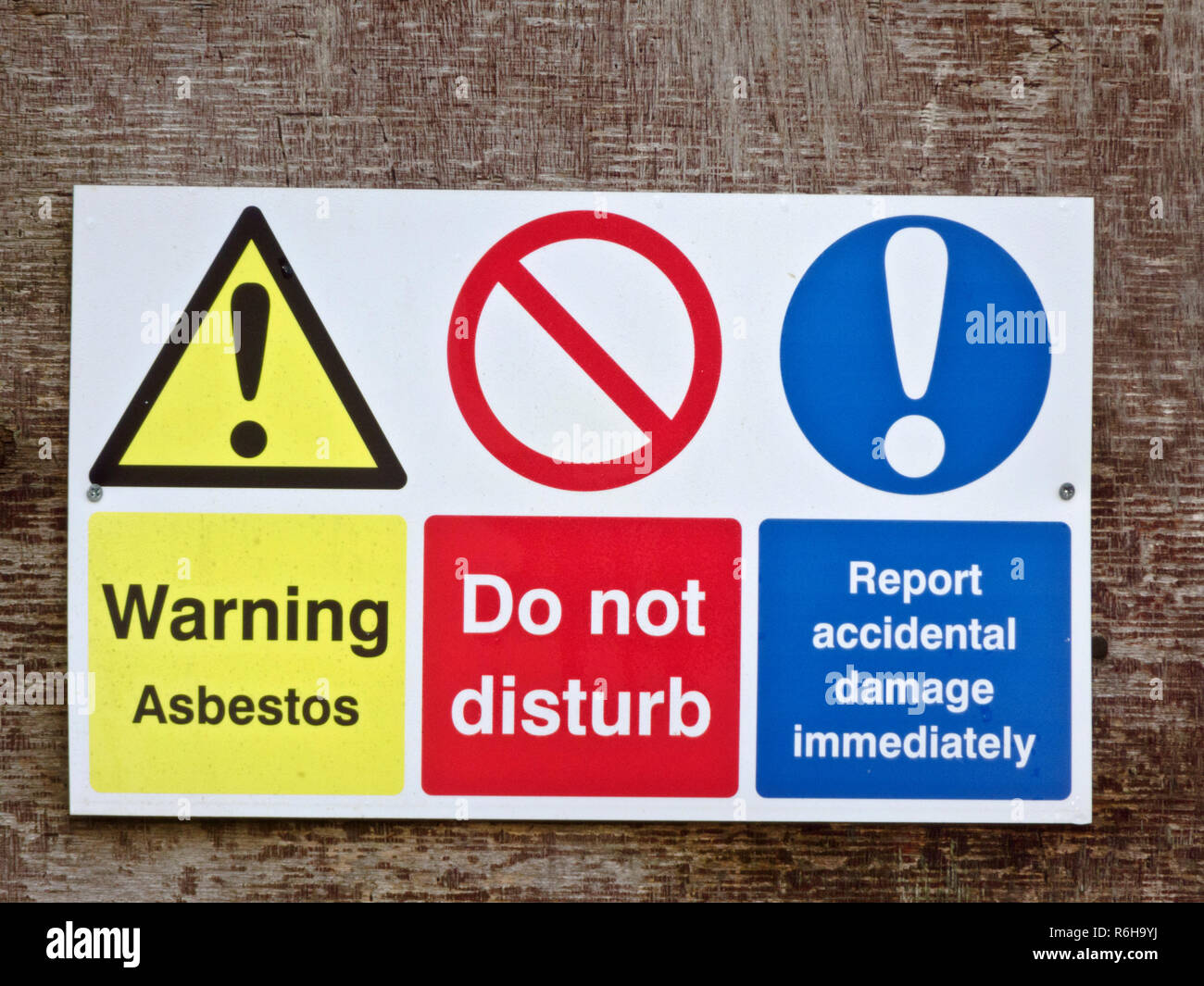 Salute & Sicurezza segnaletica di avvertimento per amianto e Non disturbare, REGNO UNITO Foto Stock