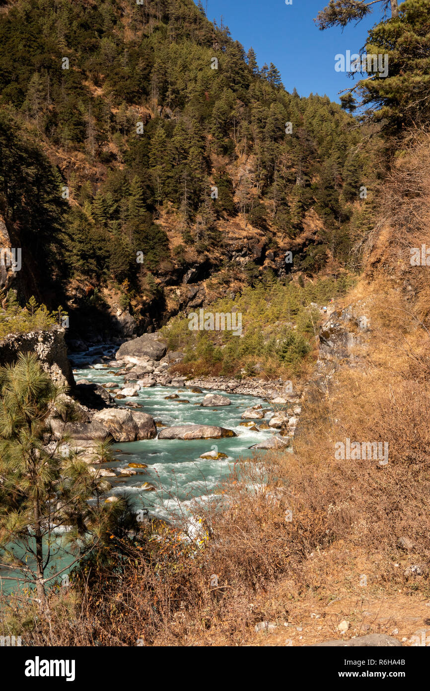 Il Nepal, Larja Dobhan, che scorre veloce Dudh Khosi fiume accanto al Campo Base Everest Trek percorso Foto Stock
