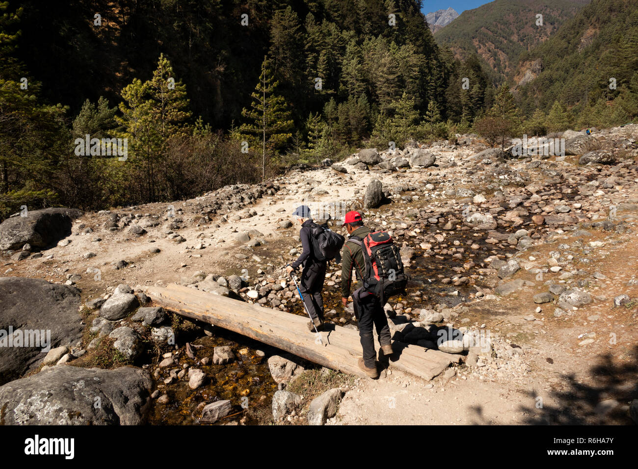 Il Nepal, Jorsale (Thumbug), senior trekker e guida sherpa attraversando piccolo registro ponte sul torrente accanto Dudh Khosi river Foto Stock