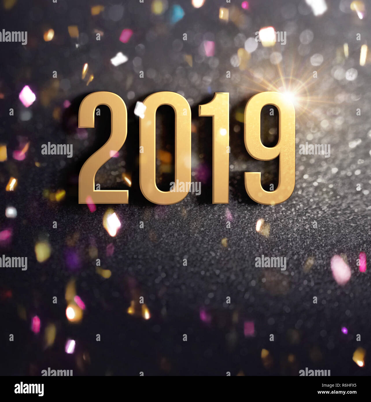 Felice Anno Nuovo 2019 data numero colorati in oro, su una festosa sfondo nero con brillantini e coriandoli - 3D illustrazione Foto Stock