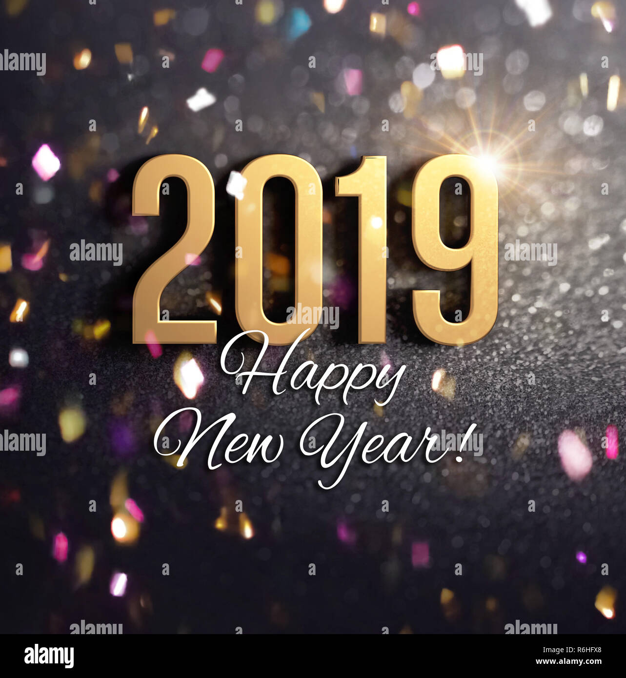 Felice Anno Nuovo saluti e 2019 data numero colorati in oro, su una festosa sfondo nero con brillantini e coriandoli - 3D illustrazione Foto Stock