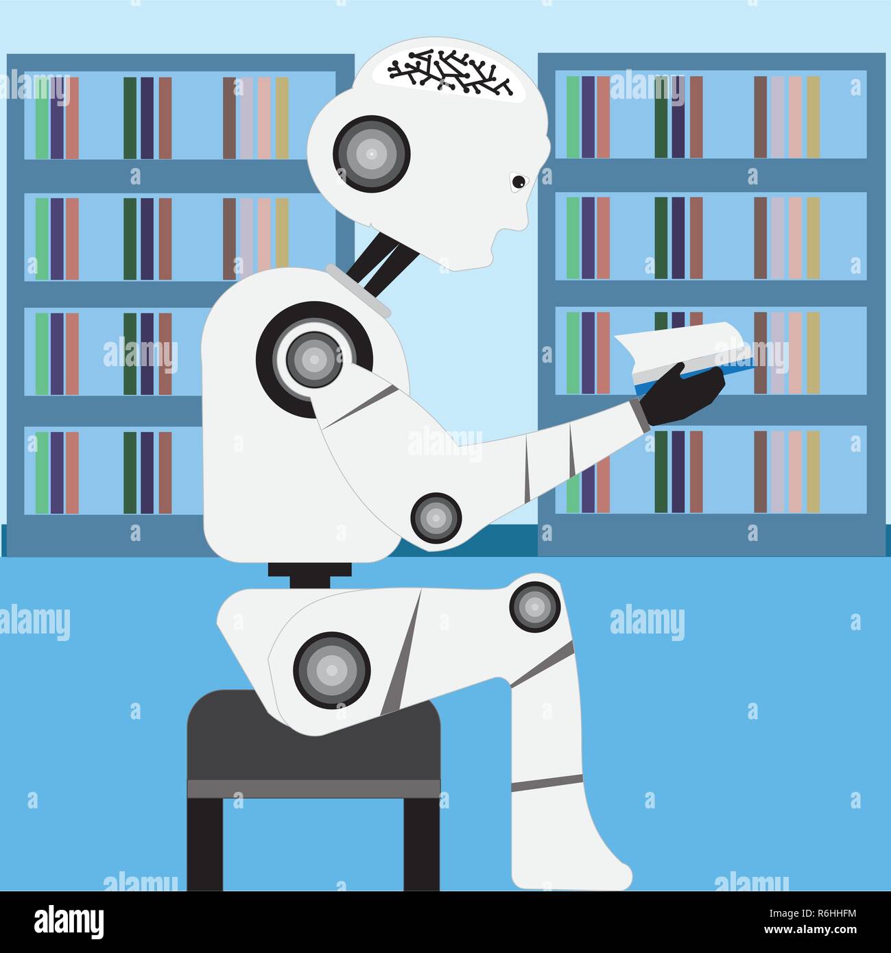 Il Robot la lettura di un libro in biblioteca.machine learning,l'intelligenza artificiale illustrazione vettoriale design. Illustrazione Vettoriale