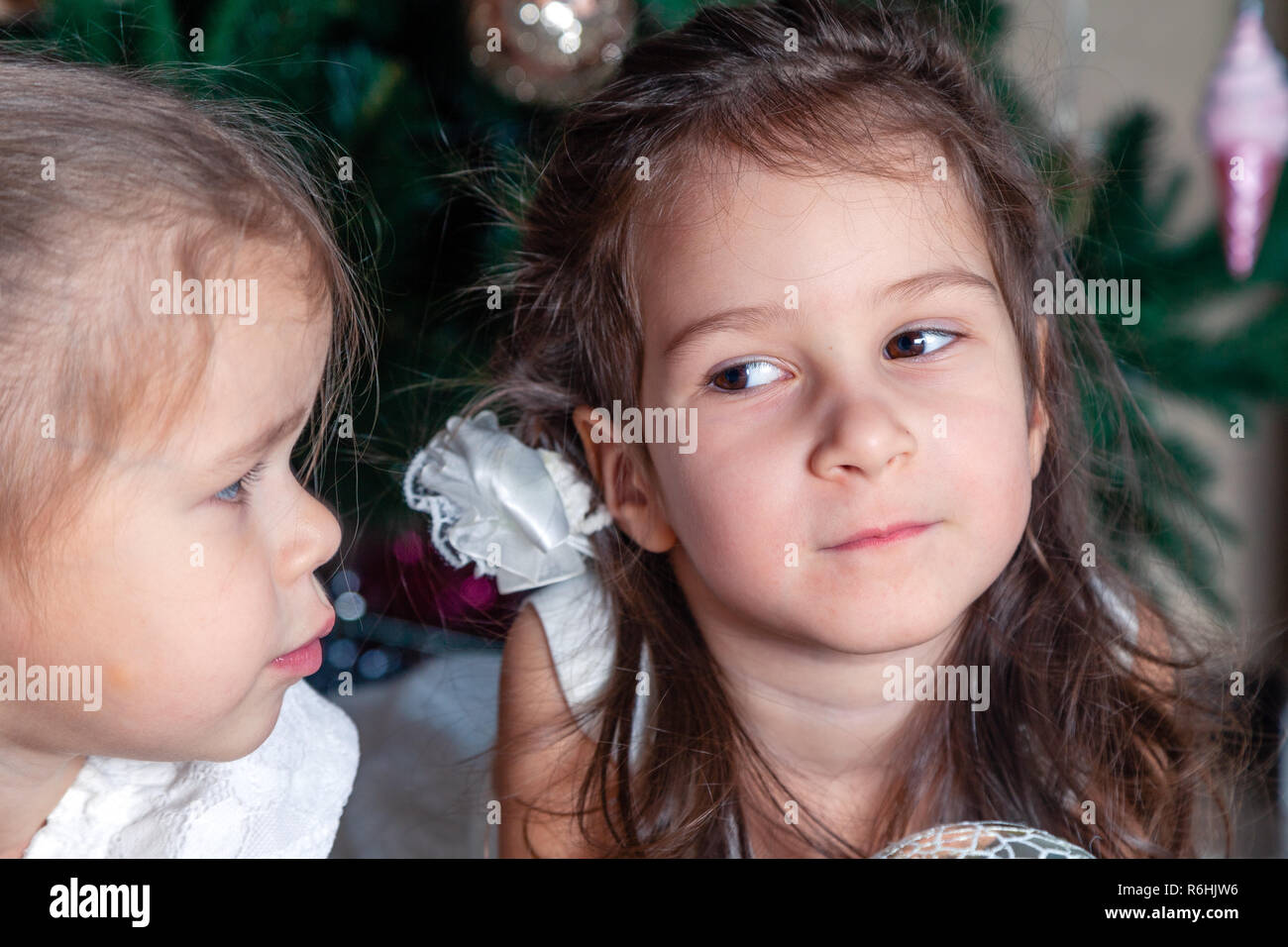 Due graziosi sorelle della stessa età si trovano accanto al Nuovo Anno Albero. Uno bacia le altre sulla guancia. Concetto di amore e di amicizia di suore e di brodo Foto Stock