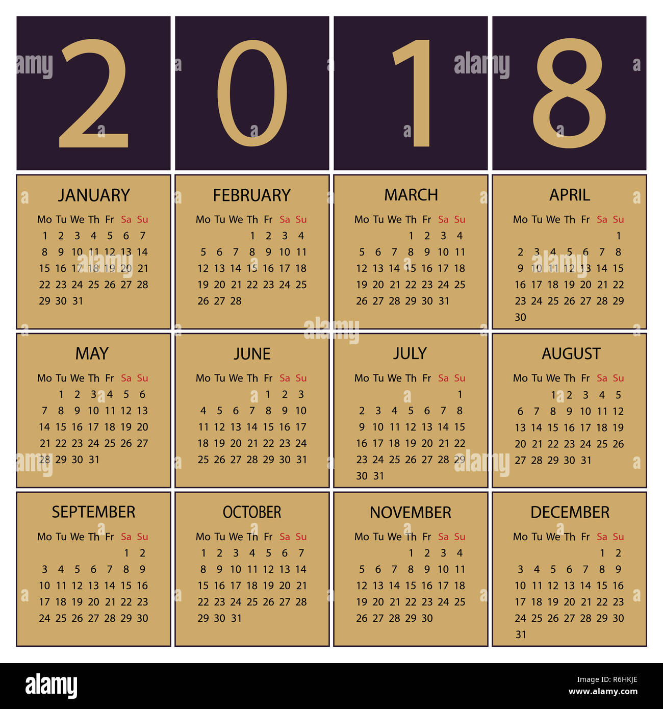 Calendario anno 2018. La settimana inizia con il lunedì. Foto Stock