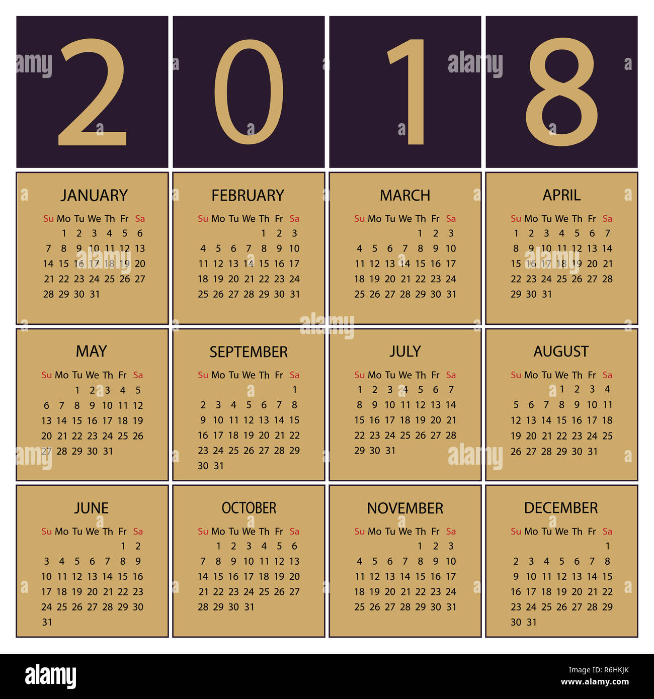 Calendario anno 2018. Settimana comincia con la Domenica Foto Stock