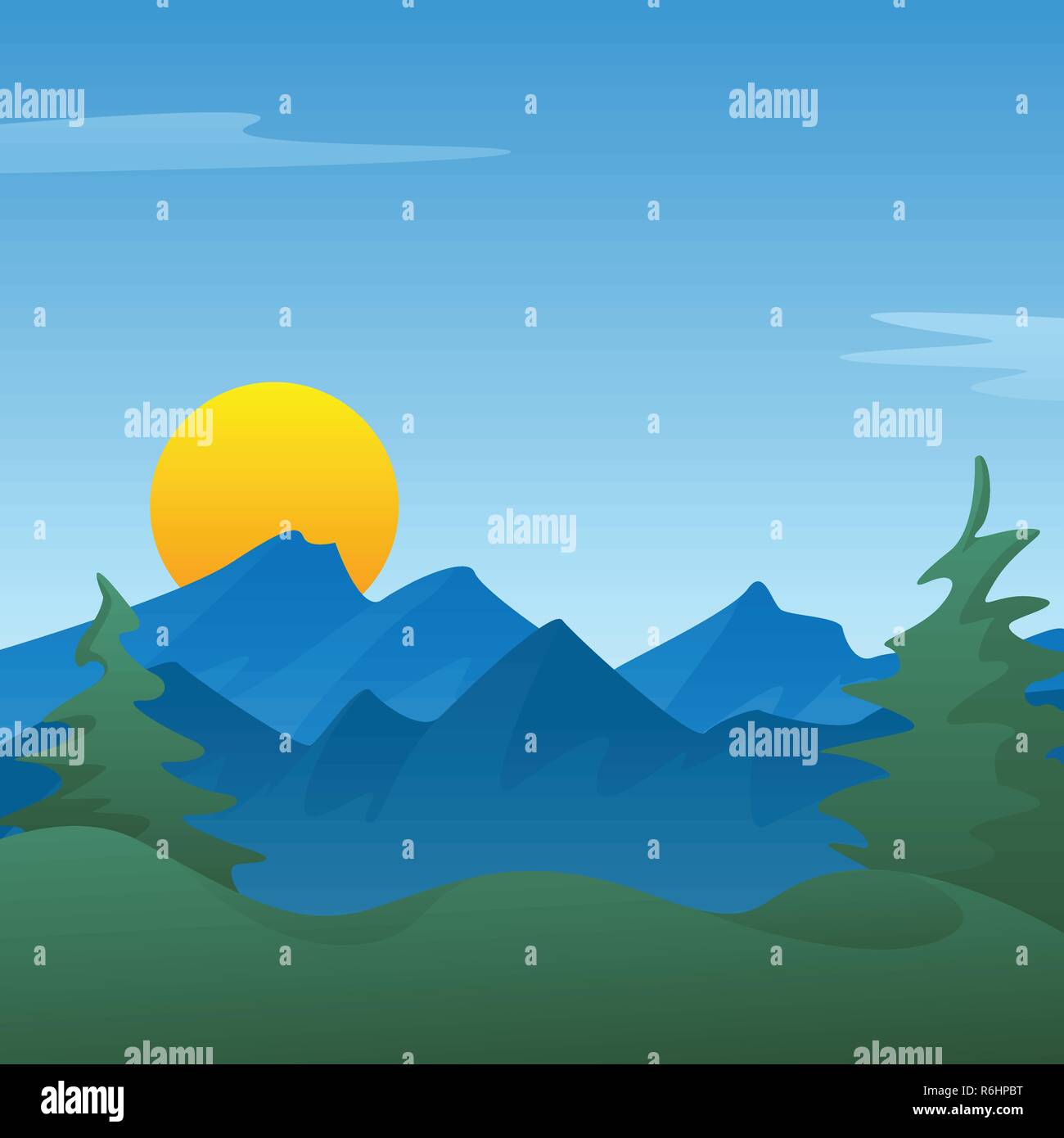 Blu Pacifico paesaggio di montagna sullo sfondo della scena con alberi di pino, colline, il sorgere del sole o di impostazione, illustrazione vettoriale Illustrazione Vettoriale