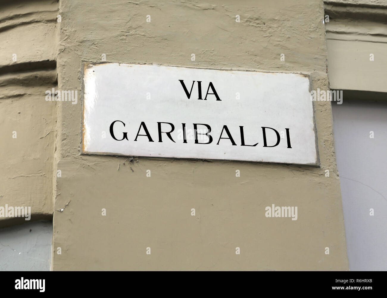 Nome della strada di Garibaldi un celebre eroe soldato in Italia Foto Stock
