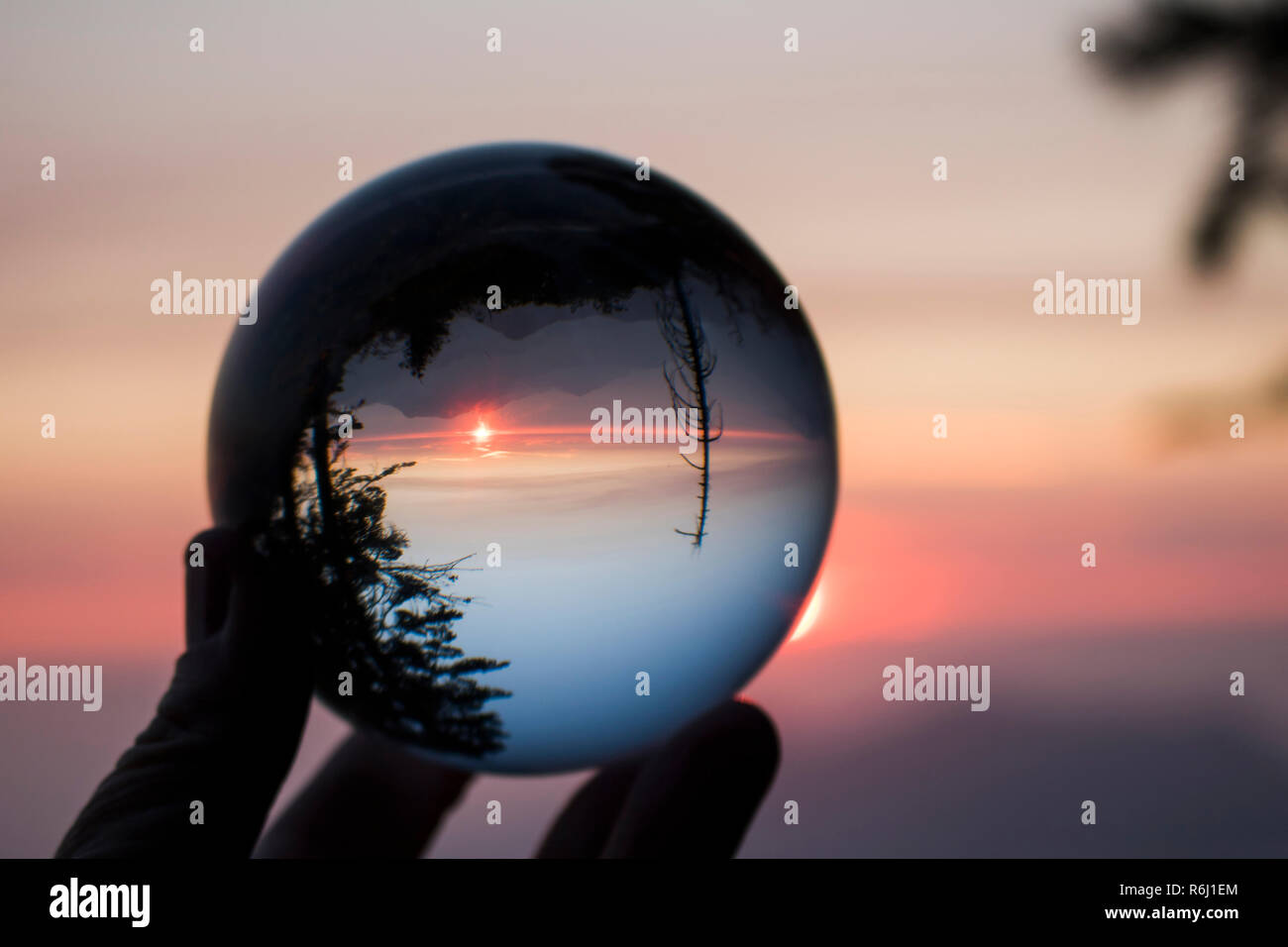 Tramonto sulla California's Sierra Nevada con Sun e creste sull orizzonte e alberi in silhouette. Catturato nel globo di vetro la riflessione. Foto Stock
