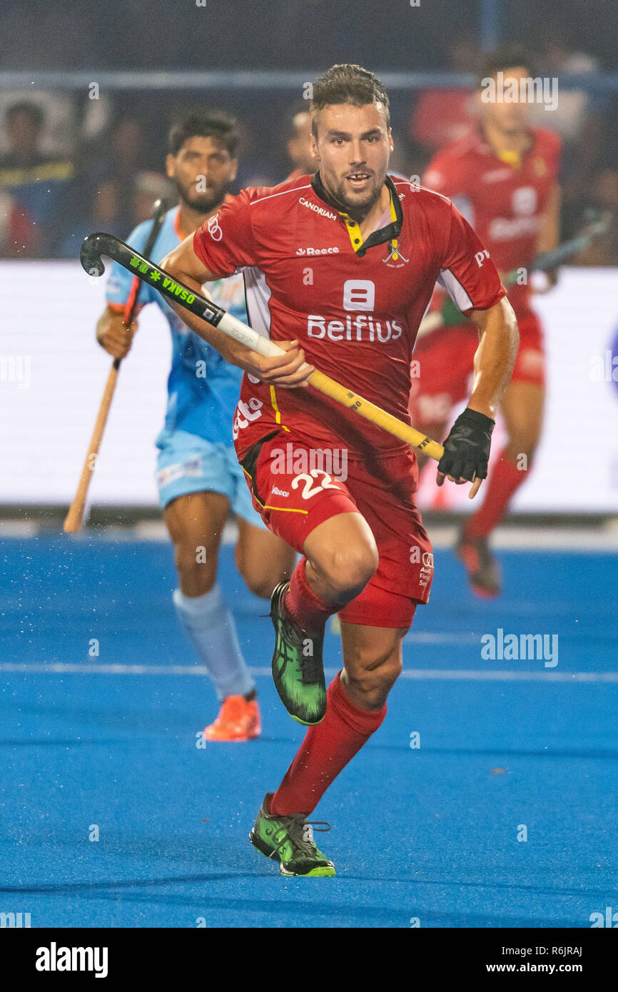 BHUBANESWAR, 02-12-2018, Odisha Hockey uomini di Coppa del Mondo di Bhubaneswar 2018. Luogo: Kalinga Stadium. Simon Gougnard durante il gioco India vs Belgio. Foto Stock