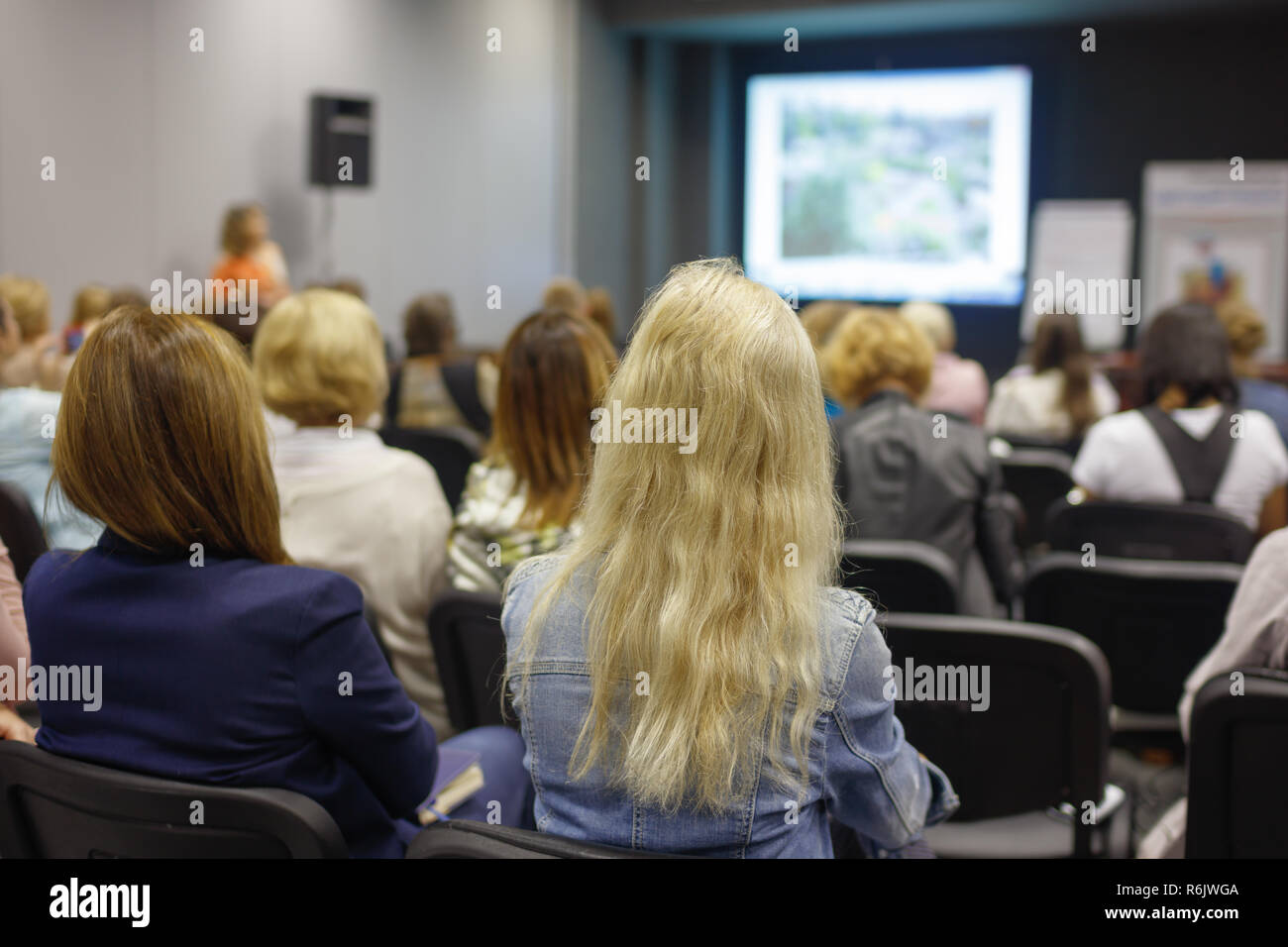 Donna d'affari e persone in ascolto sulla conferenza. L'immagine orizzontale Foto Stock