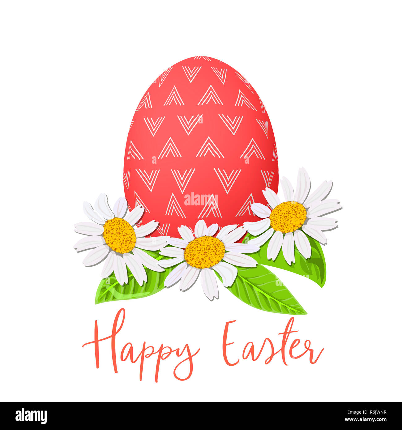Uovo rosso di Pasqua e corona di margherita. Uovo decorato festivo con semplici ornamenti astratti. Vacanze di primavera. Foto Stock