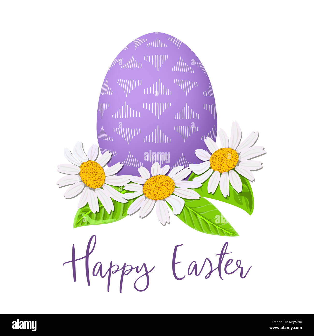 Pasqua uovo viola e daisy corona. Decorato uovo di festa con semplici ornamenti astratti Foto Stock