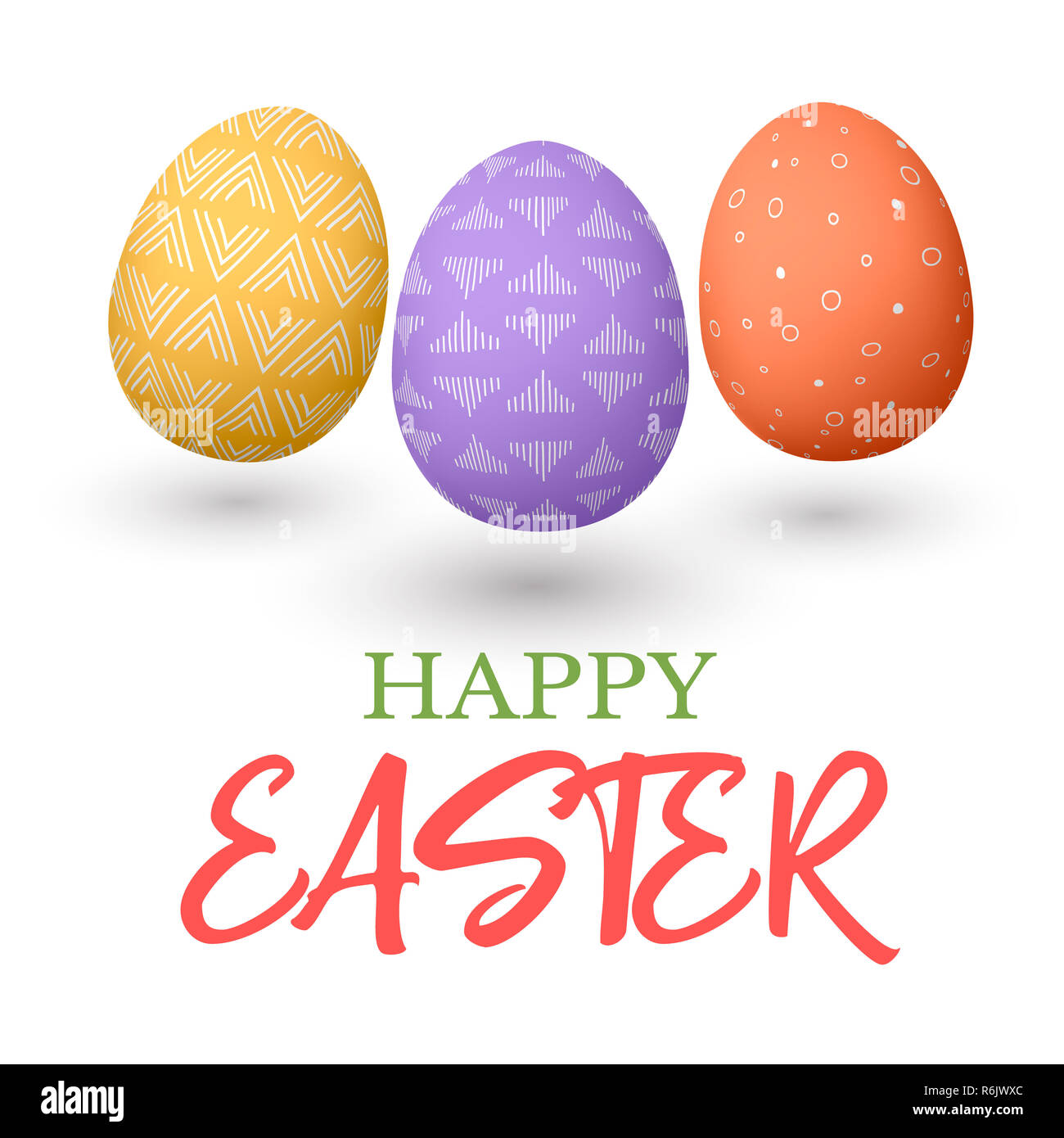 Felice Pasqua. Pasqua jumping rosso e giallo e viola doodle decorate uova illustrazione vettoriale. Foto Stock