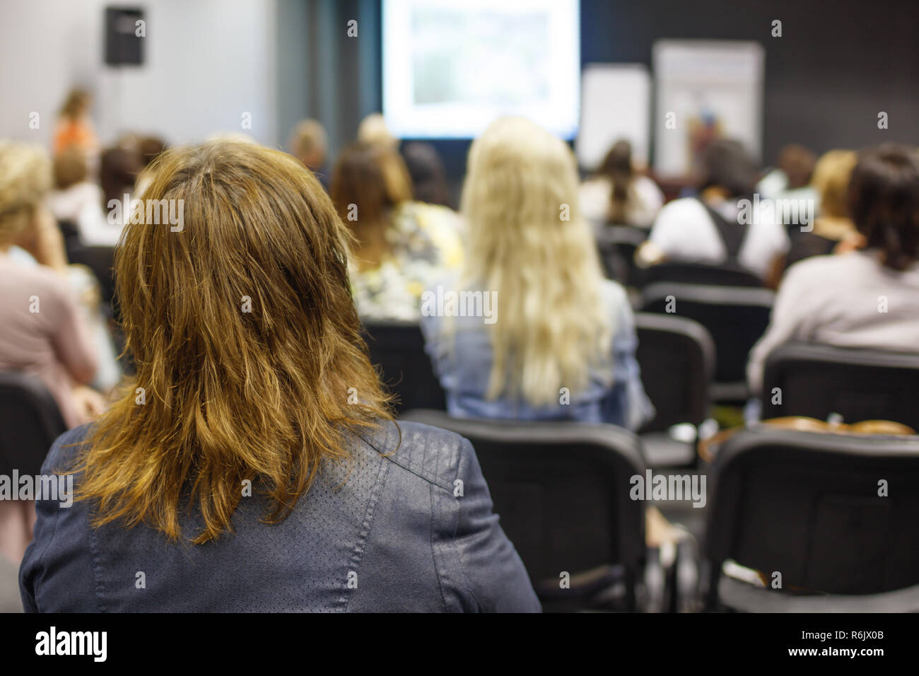 Donna d'affari e persone in ascolto sulla conferenza. L'immagine orizzontale Foto Stock