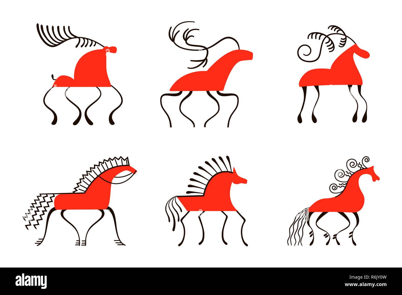 Set di sei cavalli rossi. National northen dipinti. Artigianato popolare. Incantevole ornamenti originali. Semplicità Foto Stock