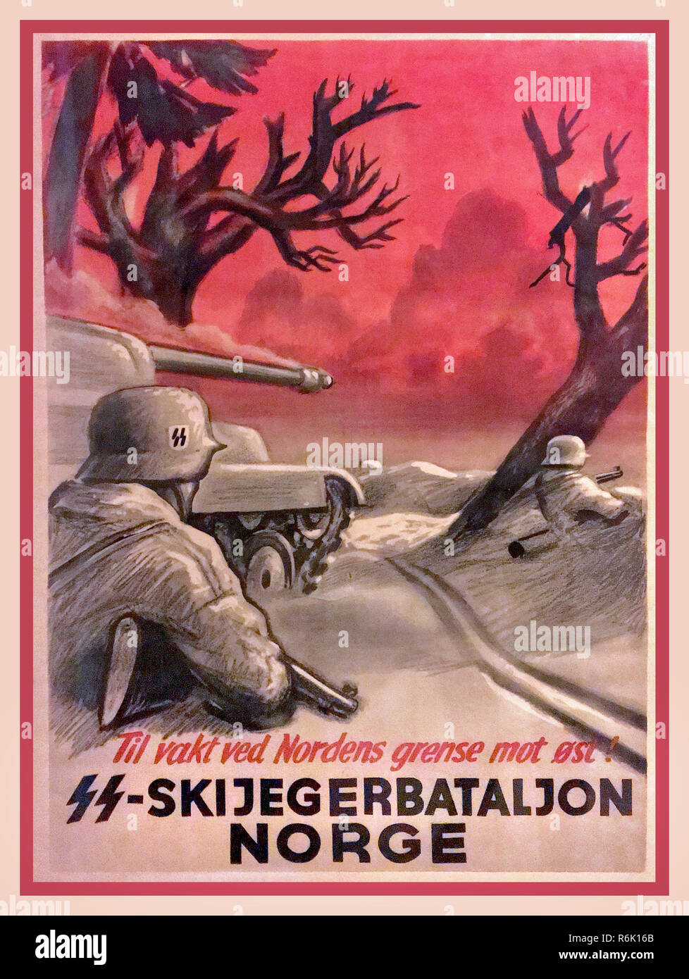 Vintage WW2 Norvegia poster di reclutamento per l'norvegese Waffen SS battaglione di combattimento. "Til vakt ved Nordens grense mot øst! "SS-Skijegerbataljon Norge", il reclutamento di poster per un Norvegese Waffen-SS battaglione di combattimento che mostra SS truppe e carri armati sul campo di battaglia Foto Stock