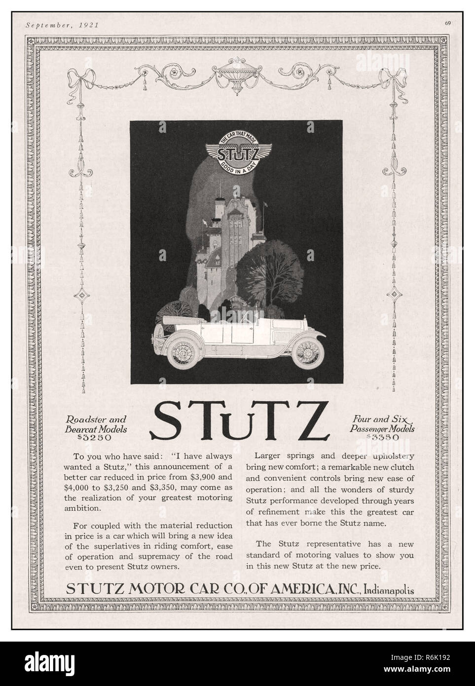 Vintage 1920s STUZ Premere annuncio rivista per la Roadster e Bearcat Vetture automobili STUTZ MOTOR CAR CO. D'AMERICA Indianapolis USA La Stutz Motor Car Company of America, Inc. è un produttore americano di sport e di automobili di lusso in base a Indianapolis, Indiana, Stati Uniti d'America. Foto Stock