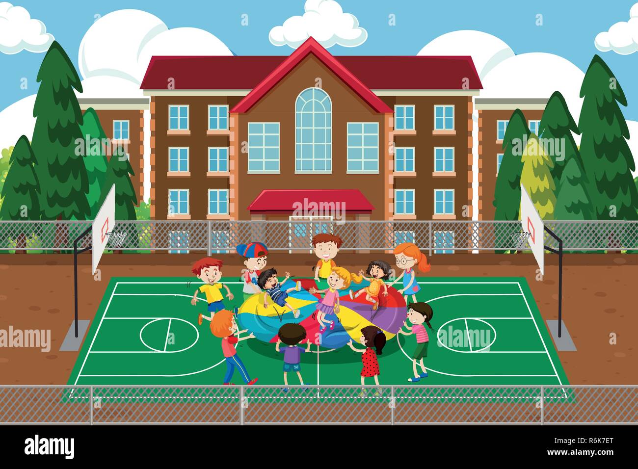 Figli giocare con un paracadute di illustrazione Illustrazione Vettoriale