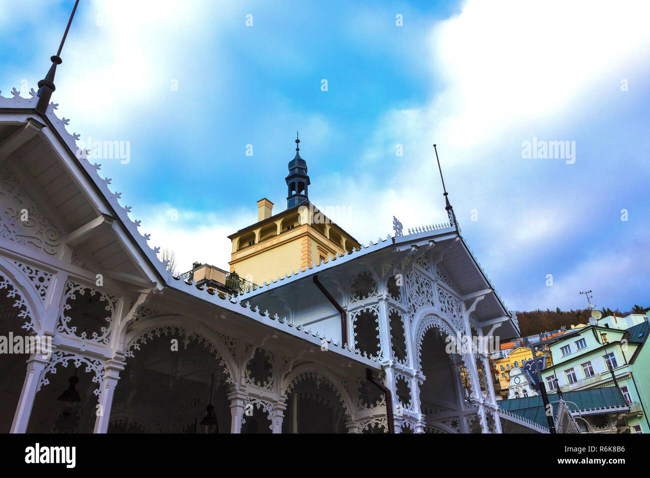 Hot Springs colonnato a Karlovy Vary Foto Stock