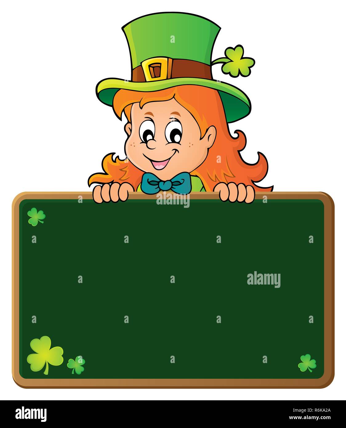 Leprechaun girl holding greenboard 1 Foto Stock