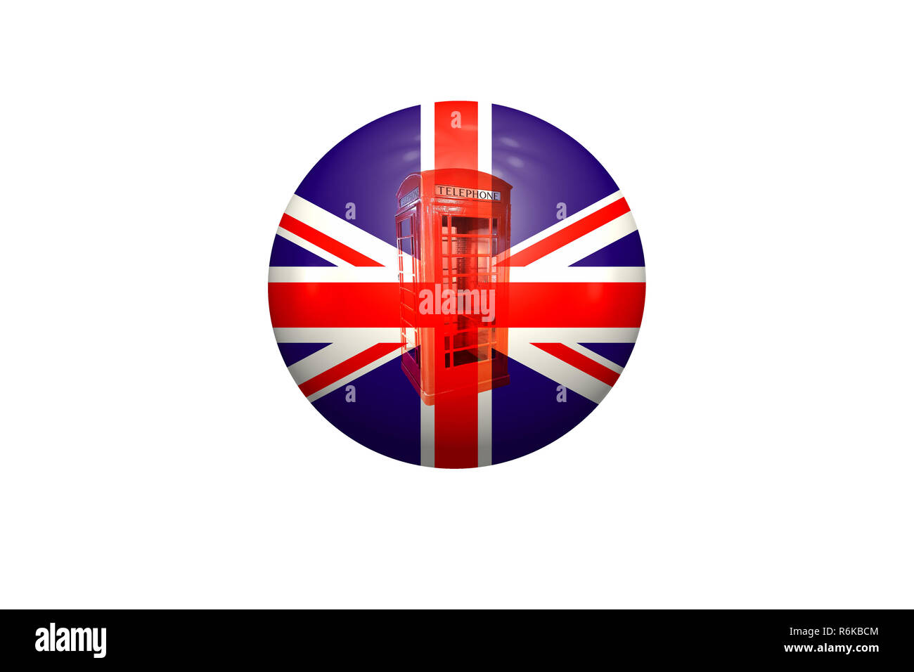 Sfera con Union Jack e inglese nella casella Telefono Foto Stock